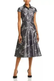 Aidan Mattox Floral Jacquard Short Sleeve Button-Up Midi Fit & Flare Dress