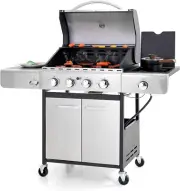 4-Burner Propane Gas Grill with Side Burner and Porcelain-Enameled Cast Iron Gra