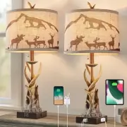 Antler Table Lamps Set of 2 for Bedroom, Table Lamps with Deer Lampshade