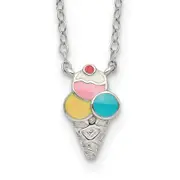 Sterling Silver Polished & Textured Multi-Color Enameled Ice Cream Cone With 2 Inch Extension Children'S Necklace