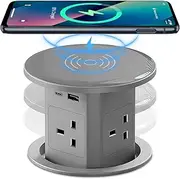 Pop Up Socket with 15W Wireless Charging - 4 AC Outlets, 1 USB Port, and 1 x 20W Type-C Port for Kitchen and Workspace, Overload Protection, Safe Power Solution [UK 13A / 110-250V] (Grey)