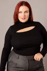 Black Cut Out Top Long Sleeve High Neck