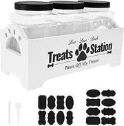 UKQRRTC Dog Treat Container with 3 Plastic Treat Jars Wood Dog Food Container with Handles Dog Food Storage Container Decorative Cat Food Container for Dog Food Storage (White)