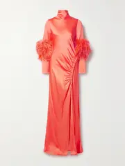 [LAPOINTE] LAPOINTE - Feather-trimmed Ruched Satin Gown - Coral - US6 US 6 Orange