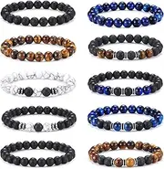 [Jewdreamer] 10PCS Tiger Eye Bracelet For Men 8MM Natural Stone Beads Bracelet Set Stretch Lava Rock Bracelets Adjustable Black Crystal Beaded Bracelet for Men Women Gifts