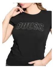 [Guess] Crew Neck Short Sleeve Logo Lace Tee in Black
