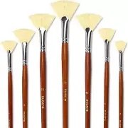 Artist Fan Paint Brush Set of 7, White Hog Bristle Natural Hair Anti-Shedding Br