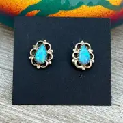 Blue Opal Small Teardrop Stud Earrings, Sterling silver