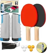 Ping Pong Paddle Set, Portable Table Tennis Set with Retractable Net, 2 Rackets, 6 Balls and Carry Bag for Children Adult Indoor/Outdoor Games