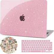 G JGOO Compatible with MacBook Air 13 inch Case 2024 2023 2022 Release M3 A3113 M2 A2681, Glitter Plastic Hard Shell Case for MacBook Air 13.6 inch + Keyboard Cover + 50 Pcs Laptop Stickers, Pink