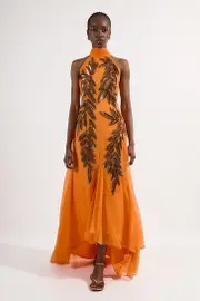 Halter Neck Feather Sequin Detail Woven Maxi Dress