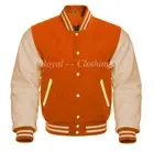 Baseball Varsity Letterman Bomber Orange Wool & Genuine Cream Leather Sleeves