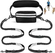 Hands Free Dog Running Leash with Adjustable Waist Belt, Dual Handle Elastic Bungees Retractable Rope for Medium and Large Dogs, Reflective Stitches for Walking Hiking Biking (Double Leash)