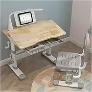 Height Adjustable Kids Desk and Chair Set, Hand Crank Lifting Student Study Desk Wooden Children's Desk Chair Set with Storage Drawer LED Light Metal Hook and Tilt Desktop