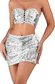 [EVILD] Sequins Tie Up Skirt Sparkly Tube Top Glitter Bodycon Skirt Adjustable Party Club Rave Outfit for Women