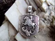 Large ST GEORGE ARCHANGEL SHEILD DRAGON Pendant 26" 925 Sterling Silver Necklace