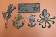 Nautical Mancave Decor Christmas Gift, Wall Hooks, Cast Iron, Tidal Secrets