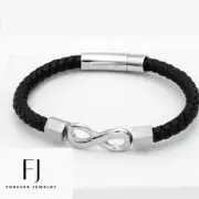 Men's 8" Stainless-Steel,Braided Leather,Eternity Bracelet High Polish,BOX