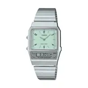 Casio Duo Retro Colour Dual Time Alarm StopwatchGreen Face Stainless Steel Band AQ800E-3A