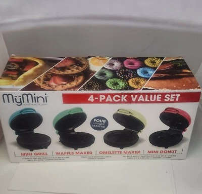 MyMini 4-Pack Value Set Mini Grill Waffle Omelet & Donut Maker Perfect For Dorm
