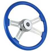 18" Blue Steering Wheel Chrome 4 Spoke Freightliner, Kenworth, Peterbilt, Volvo