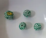 Lot of 4 Handmade Green & White Round Clay Beads Craft Supply