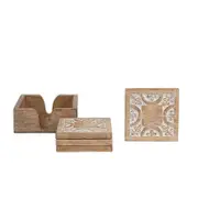 Willow & Silk Handmade 12.5cm Wood Carved Tea Coaster Set/4 w/ Holder