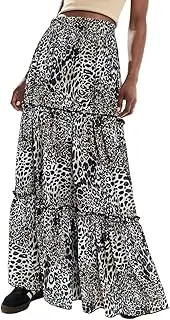 [SEBOWEL] Womens Leopard Print Long Skirt Cheetah Chiffon Tiered Ruffle Maxi Skirt Pleated A-Line Swing Beach Long Skirts, Leopard, Small