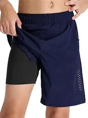 [DEVOROPA] Youth Boys 2 in 1 Athletic Running Shorts with Compression Lightweight Quick Dry Workout Gym Shorts Zip Pockets