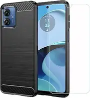 Generic TPU Cover for Motorola Moto G14 + HD Tempered Glass, Carbon Fiber Shell Bumper Protective Back Case - Anti-Scratch Screen Protector for Motorola Moto G14 (6,5") - Black