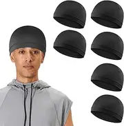 [WY LIGHTING LEVEL] 6pcs Men Silky Skull Caps Beanie Multifunctional Sleep Hats Breathable Headwear Sweat Absorbent Liner Cap Helmet Liner Sweat Wicking Cap Elastic Band Wave Cooling Hat Thermal Running Cycling Bonnet,