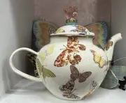 MacKenzie Childs Butterfly Garden White 4 Cup Enamel Teapot Kettle Small Retired