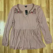 Women's TORRID Brand 1X 14-16 Pink Long Sleeve Popover BOHO Peasant Top NWT