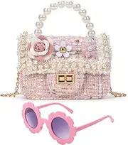 [LJCTULY] Little Girls Purse - Kids Crossbody Bag with Pearl - Flowers Mini Princess Handbags - Toddler Shoulder Bag for Shopping, Party, Vacation - Gift Purse for Girls (Pink), Pink
