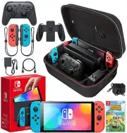 Nintendo Switch OLED Neon Blue/Red Case Bundle + Animal Crossing: New Horizons