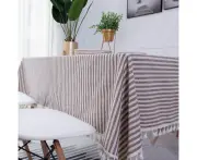 Tablecloth Rectangular Linen Look Stripes Tassel Tablecloth Wipeable Oil Resistant Stain Resistant Tablecloths Easy Care For Indoor Outdoor Garden