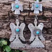 Navajo Yazzie BIG Peyote Water Bird Turquoise antiqued silver statement earrings