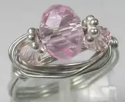 Wire Wrapped 3 Pink Crystal Beaded Ring Handmade