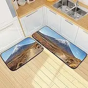 Volcano Scenery Path Kitchen Mats for Floor, 2 Piece, Funny Cute Washable Non-Slip Kitchen Rugs Set for Home & Office, Sink, Laundry, 19.7” x 27.6” + 19.7” + 47.2”