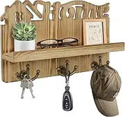 Wall Key Holder, Wooden Key Hooks with 9 Key Hooks, Key Rack with Shelf for Mail Telephone, Small Decoration, Ideal for Entrance, Office and Hallway