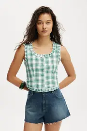 [Cotton On Women] Cotton On Women - Emily Ruffle Top - Stacey check aqua texture 16 STACEY CHECK AQUA TEXTURE