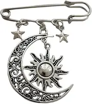 [Generic] Sun Moon Pendant Brooch, Vintage Style Star Charm Dangle Pin for Man Woman, Classic Crescent Moon Jewelry Accessories