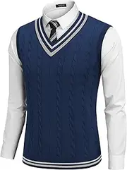 [COOFANDY] Men's Sweater Vest V Neck Casual Sleeveless Pullover Striped Cable Knit Sweater Vest