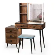 Costway Dressing Table Stool Set LED Mirror Vanity Desk Brown
