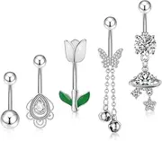 [Yivioep] Belly Button Ring Silver, 14G Surgical Steel Belly Button Rings CZ Dangling Navel Ring for Women, Hypoallergenic Belly Piercing Jewelry, 5 Pieces, 14g, Stainless Steel Cubic Zirconia, cubic