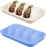 Linkidea 2 Pcs Square Silicone Taco Holder, Reusable Taco Shell Holders with Dividers, Portable Kitchen Accessories for Indoor & Outdoor Use, Safe in Dishwasher and Microwave (White, Blue)