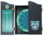 49666 NEW ZEALAND WARRIORS NRL TEAM DART BOARD IN TIMBER CABINET W/SCORING BOARD