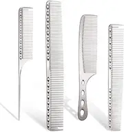 [CGBARBER] Professional Aluminum Dressing Comb, 4 Types Metal Hair Combs For Hair Styling Included Long Hair Cutting Comb，Short Styling Comb，Handle Comb，Tail Comb(silver)