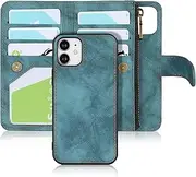 Cavor for iPhone 12 Mini Case[5.4 inch] PU Leather Folio Flip Cover Kickstand 2 in 1 Detachable Wallet Magnetic Case Zipper Coin Pocket 6 Card Slots-Blue