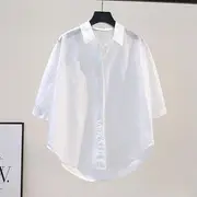 Elbow-Sleeve Collared Plain Backless Shirt White - M